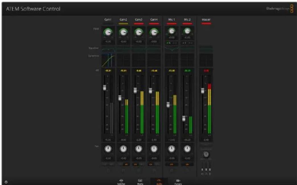 ATEM Software Control | Channel | Cam1 | Cam2 | Cam3 | Cam4 | Mic1 | Mic2 | Master | | :--- | :--- | :--- | :--- | :--- | :--- | :--- | :--- | | output | -6.90 | -6.80 | -6.80 | -6.80 | -5.00 | -5.00 | 4.95 | | Inverter | 13.31 | 15.91 | 6.46 | -10.44 | 73.90 | 49.38 | 2.40 | | Dynamics | 0.00 | 0.0…
