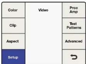graph LR A["Color"] --> B["Video"] B --> C["Proc Amp"] D["Clip"] --> E["Test Patterns"] F["Aspect"] --> G["Advanced"] H["Setup"] --> I["→"]