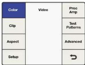 graph TD A["Color"] --> B["Video"] C["Clip"] --> B D["Aspect"] --> B E["Setup"] --> B B --> F["Proc Amp"] B --> G["Test Patterns"] B --> H["Advanced"] B --> I["→"]