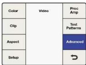 graph TD A["Color"] --> B["Video"] C["Clip"] --> B D["Aspect"] --> E["Test Patterns"] D --> F["Advanced"] G["Setup"] --> H["→"]