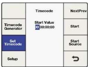Timecode Start Value 00:00:00 NextPrev Timecode Generator Set Timecode Setup Start Start Source