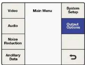 graph TD A["Video"] --> B["Main Menu"] C["Audio"] --> B D["Noise Reduction"] --> B E["Ancillary Data"] --> B B --> F["System Setup"] B --> G["Output Options"] B --> H["→"]