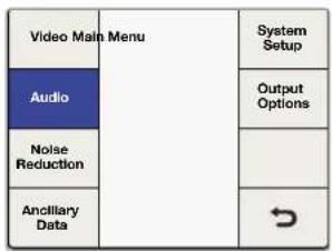 graph TD A["Video Main Menu"] --> B["Audio"] A --> C["Noise Reduction"] A --> D["Ancillary Data"] A --> E["System Setup"] B --> F["Output Options"] C --> G["→"]
