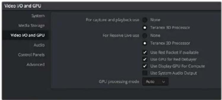 Video I/O and GPU System Media Storage Video I/O and GPU Audio Control Panels Advanced For capture and playback use None Teranex 3D Processor For Resolve Live use None Teranex 3D Processor ✓ Use Red Rocket if available ✓ Use GPU for Red Debayer ✓ Use Display GPU For Compute Use System Audio Output G…