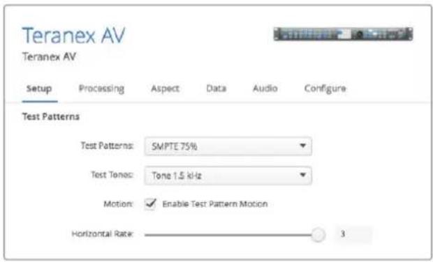 Teranex AV Teranex AV Setup Processing Aspect Data Audio Configure Test Patterns Test Patterns: SMPTE 75% Test Tone: Tone 1.5 kHz Motion: ✓ Enable Test Pattern Motion Horizontal Rate: 3