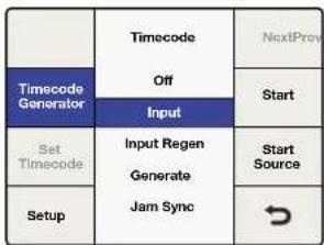 graph TD A["Timecode Generator"] --> B["Off"] A --> C["Input"] D["Set Timecode"] --> E["Input Regen"] D --> F["Generate"] D --> G["Jam Sync"] H["Setup"] --> I["→"]