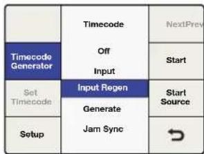 graph TD A["Timecode Generator"] --> B["Off Input"] B --> C["NextPrey"] D["Set Timecode"] --> E["Input Regen"] E --> F["Generate Jam Sync"] G["Setup"] --> H["→"]