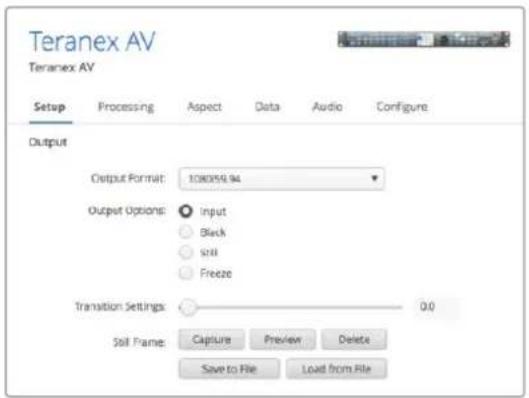 Teranex AV Teranex AV Setup Processing Aspect Data Audio Configure Output Output Format: 108056.94 Output Options: Input Black Still Freeze Transition Settings: 0.0 Still Frame: Capture Preview Delete Save to FileLoad from File
