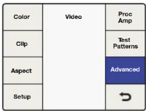 graph TD A["Color"] --> B["Video"] B --> C["Proc Amp"] D["Clip"] --> E["Test Patterns"] F["Aspect"] --> G["Advanced"] H["Setup"] --> I["→"]