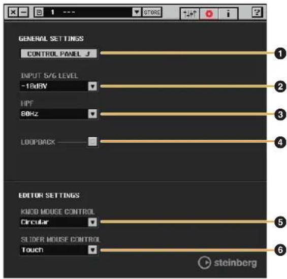 GENERAL SETTINGS CONTROL PANEL J INPUT 5/6 LEVEL -10dBV HPF 80Hz LOOPBACK EDITOR SETTINGS KNOB MOUSE CONTROL Circular SLIDER MOUSE CONTROL Touch steinberg