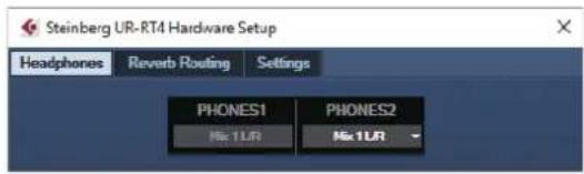 Steinberg UR-RT4 Hardware Setup Headphones Reverb Routing Settings PHONES1 PHONES2 No 1UR No 1UR