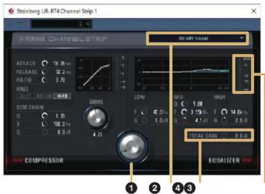 Steinberg UR-RT4 Channel Strip 1 KEMIKH CHANNEL STRIP ATTAGE 78.30 ns RELEASE 26.2 ns RATIO 3.70 KNEE LEFT ROUND WAD SIDE CHAIN Q 8.35 F 100.0 Hz G 6.0 Hz DRIVE LOW F 40.0 Hz G 6.0 Hz MID 1.89 F 3.15 Hz G 14.0 Hz G 4.1 Hz TOTAL SAIN 8.0 Hz COMPRESSOR EQUALIZER ① ② ③