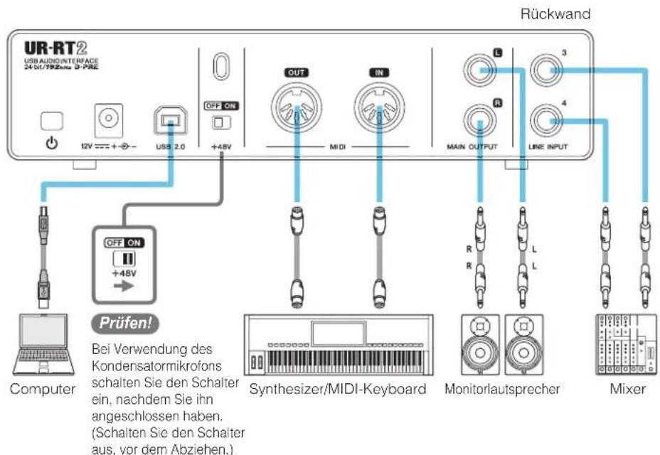 UR-RT2 USB AUDIO INTERFACE 24 01/1926/01 D-PRE OFF ON 12V --- + - + USB 2.0 +48V OUT MIDI IN MAIN OUTPUT LINE INPUT 3 4 R R R R R Computer OFF ON +48V Prüfen! Bei Verwendung des Kondensatormikrofons schalten Sie den Schalter ein, nachdem Sie ihn angeschlossen haben. (Schalten Sie den Schalter aus, vor dem Abziehen.) Monitorlautsprecher Mixer