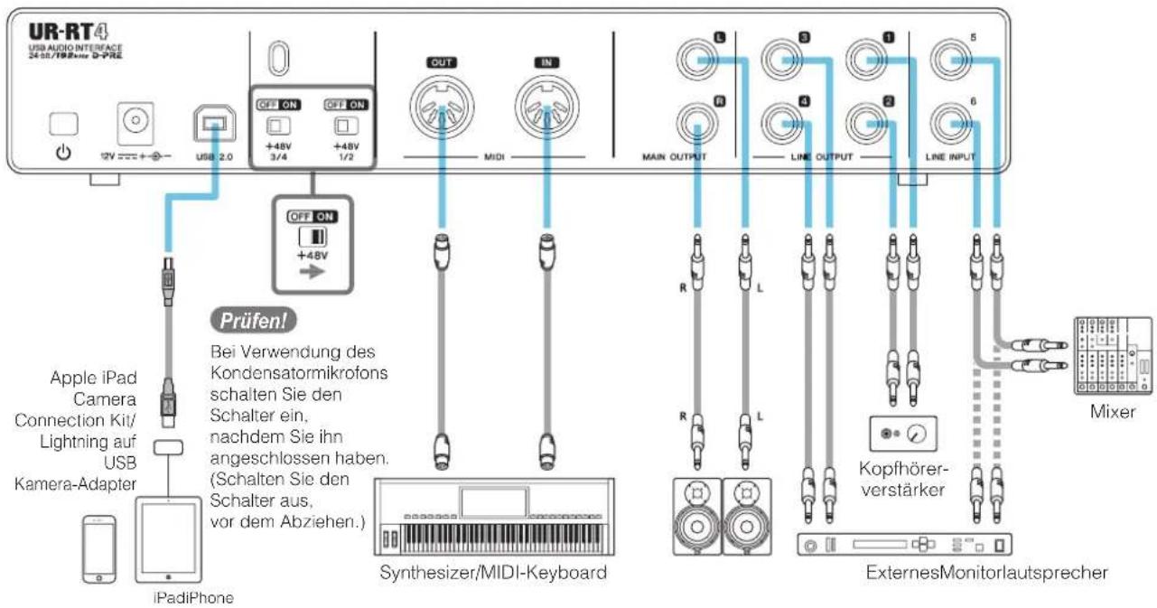 UR-RT4 USB AUDIO INTERFACE 24:50/198Power D-PRE 12V = + - + USB 2.0 OFF ON +48V 3/4 +48V 1/2 OUT MIDI IN MAIN OUTPUT LINE OUTPUT LINE INPUT 5 6 R L R L R L R L R L R L R Mixer Apple iPad Camera Connection Kit/ Lightning auf USB Kamera-Adapter iPadiPhone Prüfen! Bei Verwendung des Kondensatormikrofons schalten Sie den Schalter ein, nachdem Sie ihn angeschlossen haben. (Schalten Sie den Schalter aus, vor dem Abziehen.) Synthesizer/MIDI-Keyboard Kopfhörer- verstärker ExternesMonitorlautsprecher