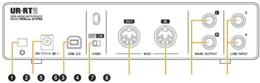 UR-RT2 USB AUDIO INTERFACE 24-56/192 mice D-PRE 12V === + - + USB 2.0 +48V OFF ON OUT MIDI IN MAIN OUTPUT LINE INPUT ① ② ⑤ ⑥ ③ ④ ⑦ ⑧ ③ R 4