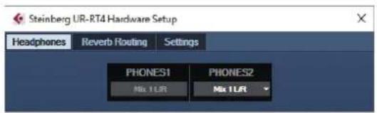 Steinberg UR-RT4 Hardware Setup Headphones Reverb Routing Settings PHONES1 PHONES2 Mix 1UR Mix 1UR