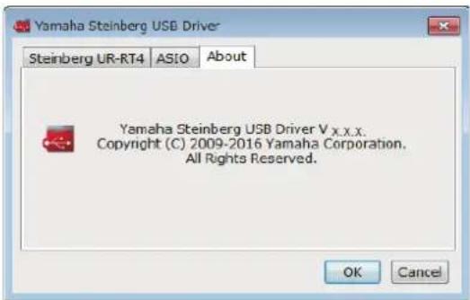 Yamaha Steinberg USB Driver Steinberg UR-RT4 ASIO About Yamaha Steinberg USB Driver V x.x.x. Copyright (C) 2009-2016 Yamaha Corporation. All Rights Reserved. OK Cancel