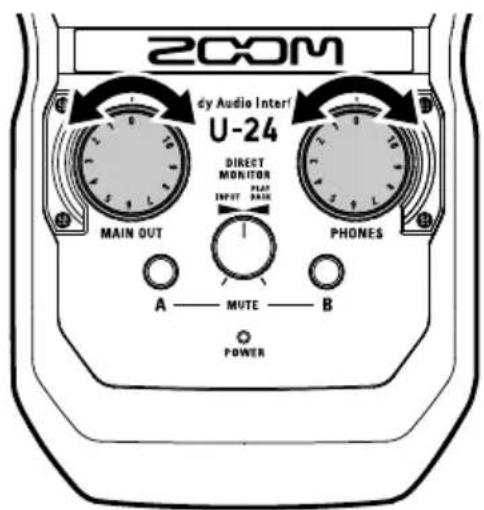 200M dy Audio Interf U-24 DIRECT MONITOR MAIN OUT INPUT BASE PHONES A — MUTE — B POWER