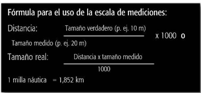 Fórmula para el uso de la escala de mediciones: Distancia: Tamaño verdadero (p. ej. 10 m) x 1000 o Tamaño medido (p. ej. 20 m) Tamaño real: Distancia x tamaño medido 1000 1 milla náutica = 1,852 km