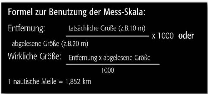 Formel zur Benutzung der Mess-Skala: Entfernung: tatsächliche Größe (z.B.10 m) x 1000 oder abgelesene Größe (z.B.20 m) Wirkliche Größe: Entfernung x abgelesene Größe 1000 1 nautische Meile = 1,852 km