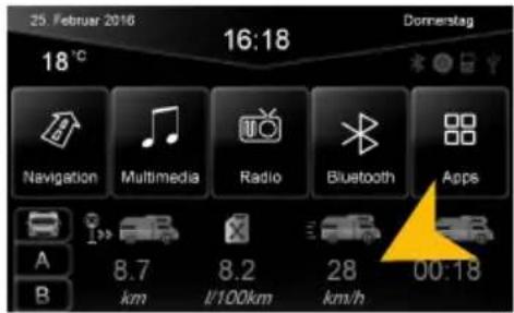 25. Februar 2016 18°C 16:18 Donnerstag Navigation Multimedia Radio Bluetooth Apps A B 8.7 km 8.2 l/100km 28 km/h 00:18