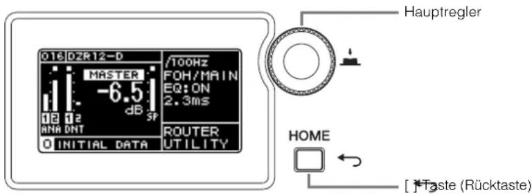 016 D2R12-D MASTER -6.5 dB SP 100Hz FOH/MAIN EQ:ON 2.3ms ROUTER UTILITY INITIAL DATA Hauptregler HOME [*Taste (Rücktaste)