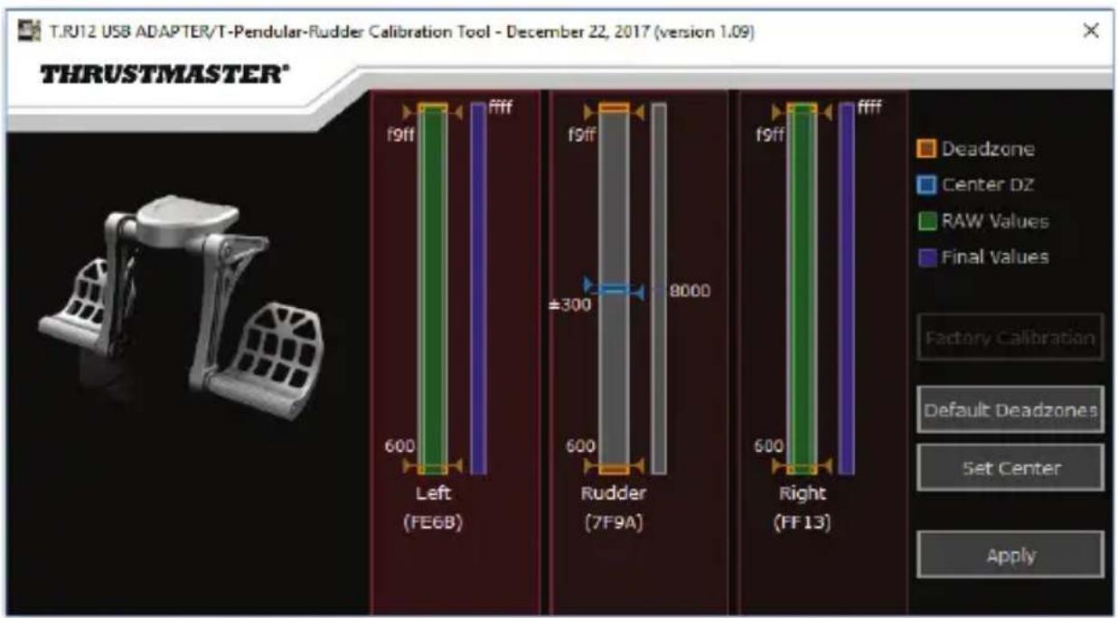 T.RJ12 USB ADAPTER/T-Pendular-Rudder Calibration Tool - December 22, 2017 (version 1.09) THRUSTMASTER* f9ff ffff 600 Left (FE6B) f9ff ±300 Rudder (7F9A) 8000 600 Right (FF13) f9ff ffff 600 Factory Calibration Default Deadzones Set Center Apply