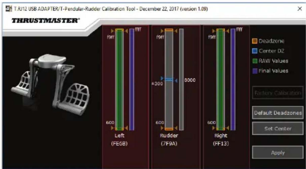 T.RJ12 USB ADAPTER/T-Pendular-Rudder Calibration Tool - December 22, 2017 (version 1.09) THRUSTMASTER* f9ff 600 Left (FE6B) ffff f9ff +300 Rudder (7F9A) 8000 600 Right (FF13) ffff 600 Deadzone Center DZ RAW Values Final Values Factory Calibration Default Deadzones Set Center Apply