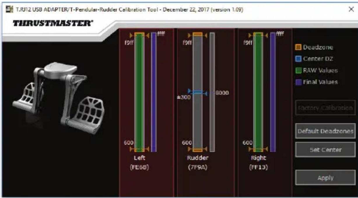 T.RJ12 USB ADAPTER/T-Pendular-Rudder Calibration Tool - December 22, 2017 (version 1.09) THRUSTMASTER* f9ff ffff 600 Left (FE6B) f9ff ±300 Rudder (7F9A) 8000 600 Right (FF13) f9ff ffff 600 Factory Calibration Default Deadzones Set Center Apply