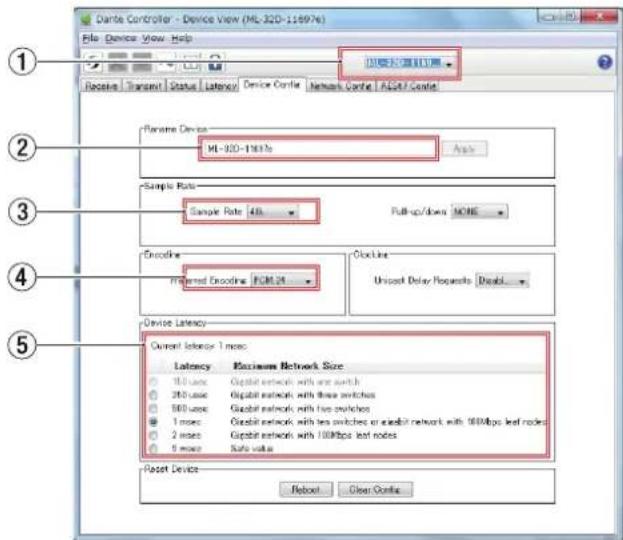 Dante Controller - Device View (ML-320-116974) File Device View Help ① Receive Target Status Latency Device Confe Network Confe ASST Confe ② Pancere Devices ML-320-116974 Auto Sample Rate Sample Rate 48 Pull-up/down NONE ③ Encoding Preferred Encoding FUM24 Clock Line Unipost Delay Requests Break... Device Latency Current Latvia: 1 more: Latency Maximum Network Size 100 less Great network with one switch 200 less Great network with three switches 300 less Great network with five switches 1 more Great network with two switches or used network with 50Mbps leaf nodes 2 moves Great network with 100Mbps leaf nodes 6 more Safe value Reset Device Reset Clear Confe