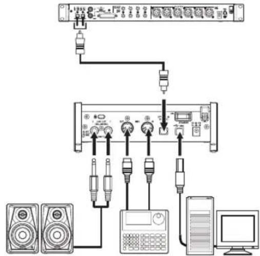 Diagram showing audio equipment connection with speaker, audio jack, and computer monitor components