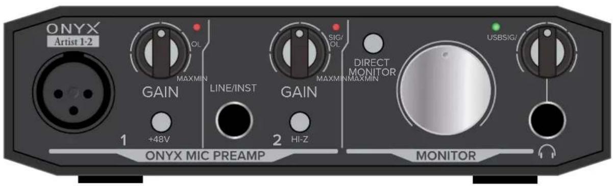 ONYX Artist 1-2 GAIN +48V LINE/INST 2 HI-Z ONYX MIC PREAMP GAIN SIG/ OL MAXMIN MAXMINMAXMIN DIRECT MONITOR USBSIG/ MONITOR