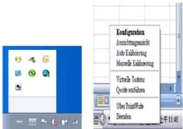 Konfiguration Ausrichtungsansicht Auto Kalbriierung Mouvelle Kalbriierung Virtuelle Textstar Quzite entfernen Über PointWrite Beenden
