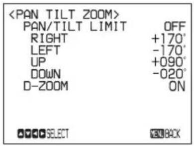 PAN/TILT LIMIT OFF RIGHT +170° LEFT -170° UP +090° DOWN -020° D-ZOOM ON SELECT KEYBACK
