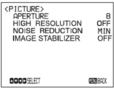 APERTURE 8 HIGH RESOLUTION OFF NOISE REDUCTION MIN IMAGE STABILIZER OFF SELECT REBACK