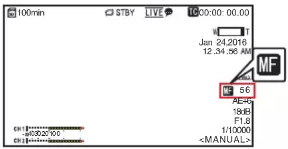 100min STBY LIVE TC 00:00:00.00 Jan 24,2016 12:34:56 AM MF MF 56 AE+6 18dB F1.8 1/10000 CH1 030,20'100 CH2 030,20'100