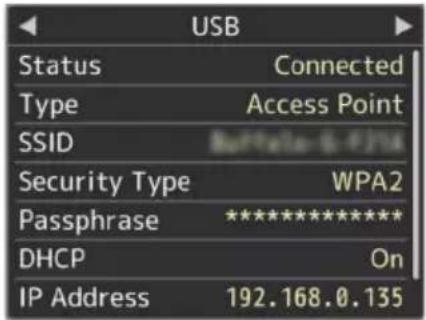 USB Status Connected Type Access Point SSID Buffalo-6-F124 Security Type WPA2 Passphrase ****************** DHCP On IP Address 192.168.0.135