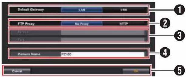 Default Gateway LAN USB FTP Proxy No Proxy HTTP Camera Name PZ100 Cancel