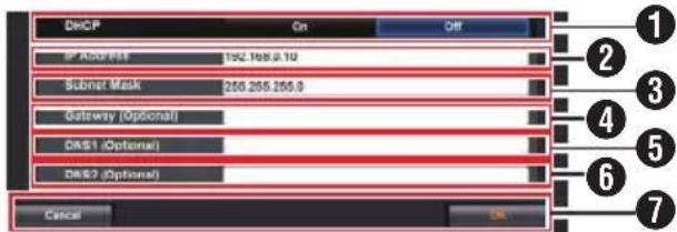 DHCP On Off IP Address 1562.1688.170 Submit Mask 256.255.255.0 Gateway (Optional) DNS1 (Optional) DNS2 (Optional) Cancel OK
