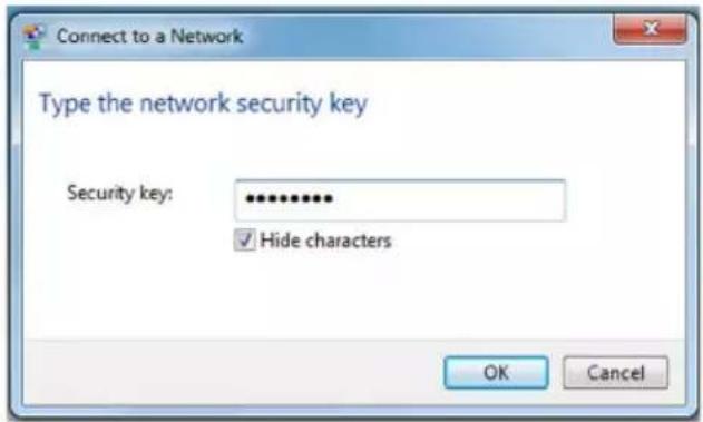 Connect to a Network Type the network security key Security key: ********** ✓ Hide characters OK Cancel