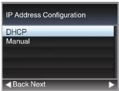 IP Address Configuration DHCP Manual Back Next
