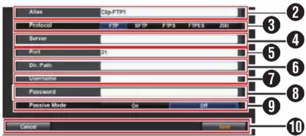 Alias Clip-FTP1 Protocol FTP SFTP FTPS FTPS Z00 Server Port 21 Dir. Path Username Password Passive Mode On Off Cancel Save