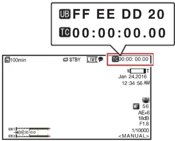 UB FF EE DD 20 TC 00:00:00.00 100min STBY LIVE TC00:00:00.00 Jan 24,2016 12:34:56 AM MF 56 AE+6 18dB F1.8 1/10000