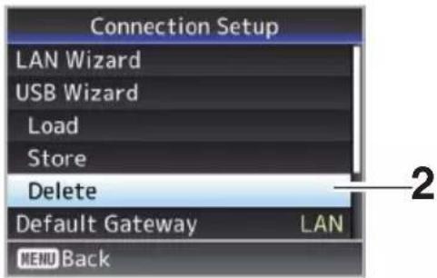 Connection Setup LAN Wizard USB Wizard Load Store Delete Default Gateway LAN MENU Back