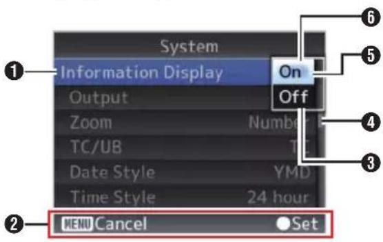 System Information Display Output Zoom TC/UB Date Style Time Style 24 hour On Off MENU Cancel Set