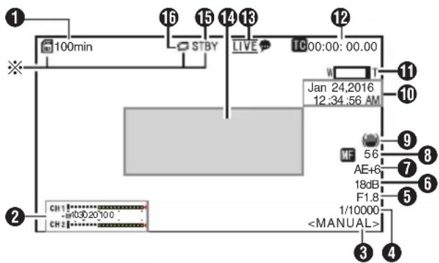 100min STBY LIVE 1C 00:00:00.00 Jan 24,2016 12:34:56 AM MF 56 AE+6 18dB F1.8 1/10000 CH 1 CH 2 #03:20'100' #16
