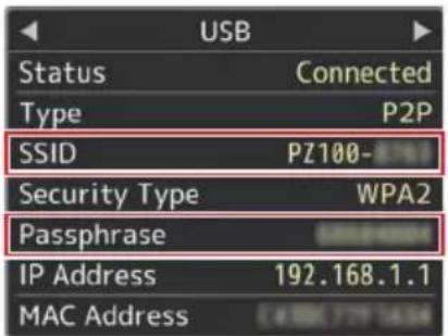 USB Status Connected Type P2P SSID PZ100- Security Type WPA2 Passphrase IP Address 192.168.1.1 MAC Address