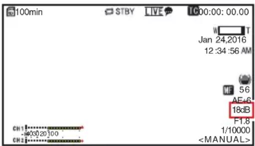 100min STBY LIVE IC00:00: 00.00 Jan 24,2016 12:34:56 AM MF 56 AF+6 18dB F1.8 1/10000 CH1******** -00020100 . CH2********