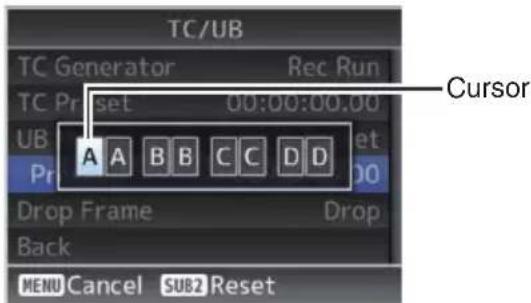 TC/UB TC Generator Rec Run TC Prset 00:00:00.00 A A B B C C D D Cursor UP Pr Drop Frame Drop Back MENU Cancel SUB2 Reset