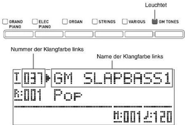 GRAND PIANO ELEC PIANO ORGAN STRINGS VARIOUS GM TONES Leuchtet Nummer der Klangfarbe links Name der Klangfarbe links 1:037 GM SLAPBASS1 2:001 Pop 8:0014:120